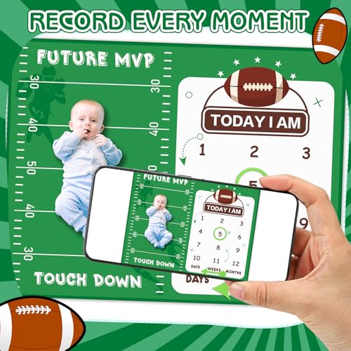 Image of Football Monthly Milestone Blanket for Baby Boys Flannel Blanket Newborn Infant Swaddle Baby Growth Blanket Photography Background with Wooden Signs,Frames,Bib