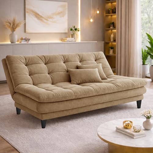 Image of Modern 3 Seater Sofa Cum Bed | Tufted Backrest | Velevt Fabric Upholstery | Living Room Furniture-Golden