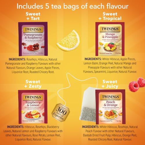 Image of Twinings Sweet Escape Fruity Herbal Tea Variety, 20 Count, Pack of 1 | Assorted 4 Flavours, Naturally Caffeine-Free, Enjoy Hot or Iced, 20 Teabags