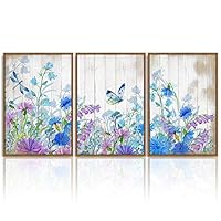 3 Piece Framed Canvas Wall Art Wild Flowers on Wood Background Canvas Prints Home Artwork Decoration for Living Room,Bedroom - 16