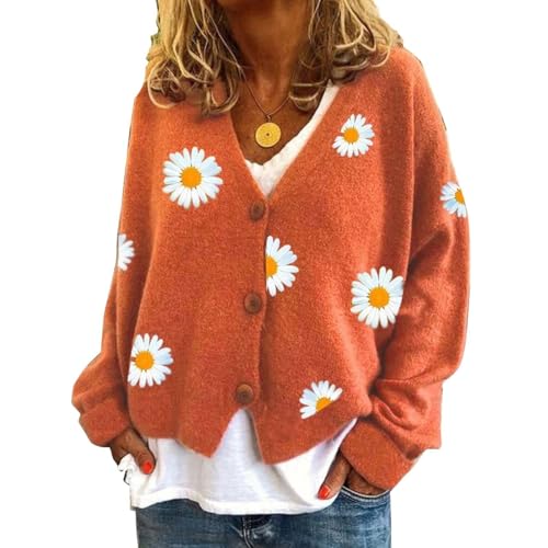 Flower Cardigan Sweaters for Women Cute Aesthetic 90s Long Sleeve Button Down Casual Lightweight Knit Sweaters