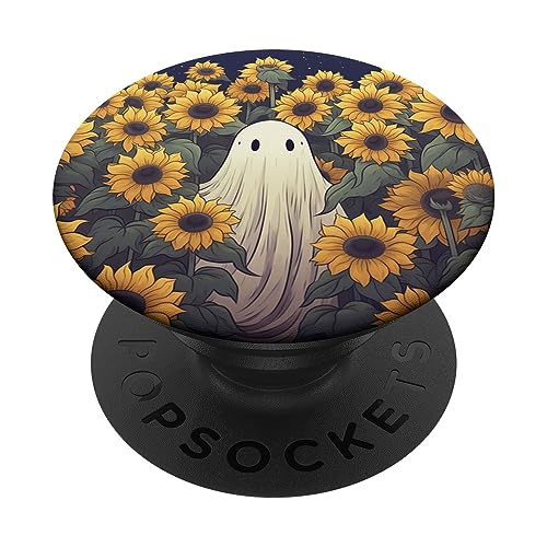 Vintage Ghost Sunflower Pattern Cute Halloween Floral Garden PopSockets Swappable PopGrip, Black