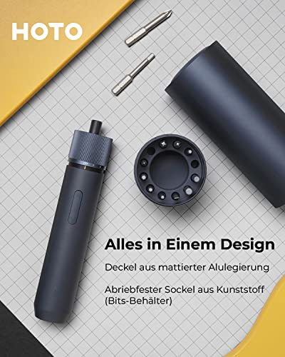HOTO Mini Akkuschrauber , 3,6V Elektro Schrauberdreher, LED Ringlicht, 3 Drehmoment, max. 8Nm, Schrauber Set mit 12 S2-Stahl Bits, 1500mAh Akku und USB-C Ladekabel, Aluminium-Transportbox Grau – Bild 3