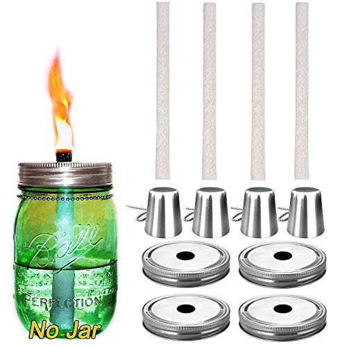 Mason Jar Tabletop Torch Kits,4 Pack Regular Mouth Lids,4 Long Life Torch Wicks and Caps Included,Oil Fuel Lamps for Patio Table Top Torch Lantern(No Jar)