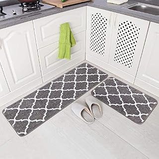Carvapet 2 Pieces Kitchen Mat Rug Microfiber Non-Slip Moroccan Trellis Kitchen Floor Mat Soft Bath Rug Doormat Runner Carpet Set (Grey)