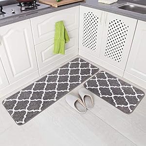 Carvapet 2 Pieces Non-Slip Kitchen Rugs Machine Washable Moroccan Pattern Doormat Kitchen Floor Mat (Grey)