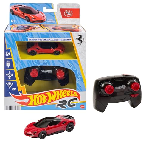 Hot Wheels Voiture télécommandée Ferrari SF90 Stradale Assetto Fiorano à l’échelle 1/64, peut faire la course sur et en dehors des pistes, bouton turbo...