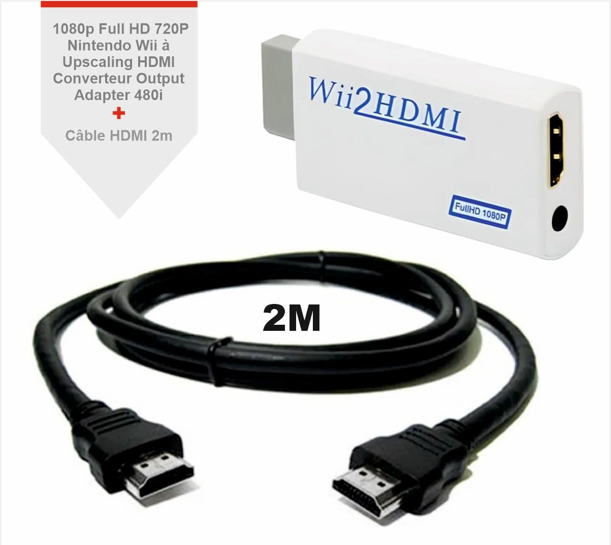 Adaptateur Wii vers HDMI, Câble de 1,5m, Résolution 1080/720, Sortie Audio 3,5mm, Plug and Play pour TV Modernes (Blanc)