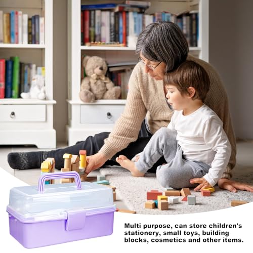 Image of Tackle Box Organizer and Storage, 10-Inch Craft Organizer With 3 Layers, Medicine Box with Handle for Nail, Makeup, Diamond Painting, Building Blocks (Purple)