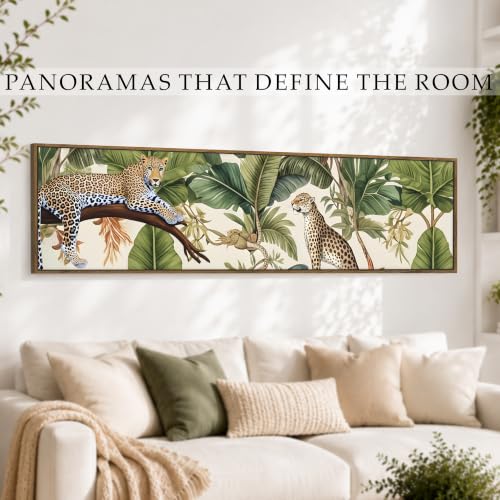 Image of Tropical Leopard Jungle Exotic Wildlife Canvas Framed Wall Art Painting For Living Room, Green Botanical Jungle Painting With Frame Tropical Leopard Wall Art For Home & Office, 13x47 Inch