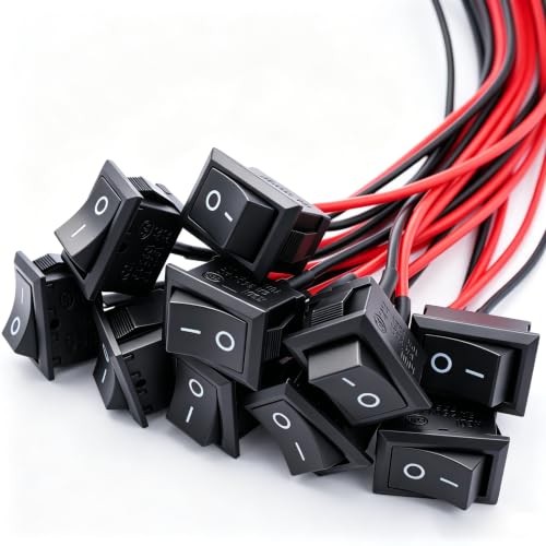 Twidec/10Pcs Rocker Switch AC 6A/250V 10A/125V SPST 2 Pins 2 Position ON/Off Car Boat Square Black Rocker Switch Toggle with Pre-soldered Wires KCD1-X-F