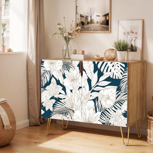 SIGNWIN Sideboard Buffet Cabinet, Kitchen Storage Cabinet with 2 Doors, Colorful Flower Patterns, Cupboard Console Table for Dining Room- 35' L x 18' W x 29' H