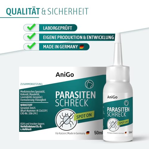 AniGo Parasitenschreck Spot On für Katzen 50ml – Flohmittel & Zeckenmittel für Katzen, Effektiv gegen Ektoparasiten Floh und Zeckenmittel, Lösung zum Auftropfen, Floh- & Zeckenschutz