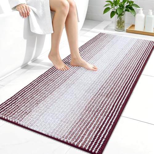 Image of OLANLY Bathroom Runner Rugs 44x24, Extra Soft Absorbent Chenille Striped Bath Rugs, Rubber Backing, Machine Wash Dry, Long Bath Mats for Bathroom, Tub, Shower, Home Decor Accessories, Burgundy