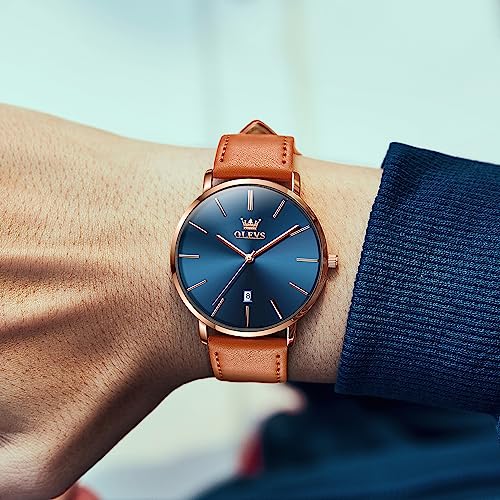 Image of OLEVS Mens Watches Minimalist Ultra Thin Fashion Casual Analog Quartz Date Watch Waterproof Slim Simple Big Face Dress Wrist Watch with Retro Leather Band for Men