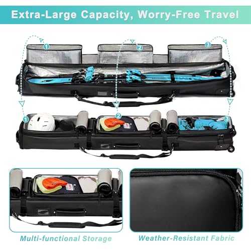 YESUNEED Ski Bag with Wheels, 69–73 Inch Snowboard Bag, Waterproof 900D Ski Bags for Air Travel, Padded Extendable Snowboard Bag with Wheels