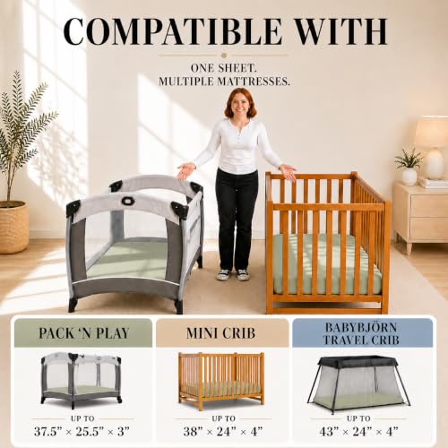 Image of Organic Travel Crib Fitted Sheets Compatible with 4moms Breeze Plus Playard,Baby Bjorn Travel Crib, Graco,Mini Crib 1 Pack Pure Turkish Cotton 38x26 Playard Bedding, Cover Boy, Girl