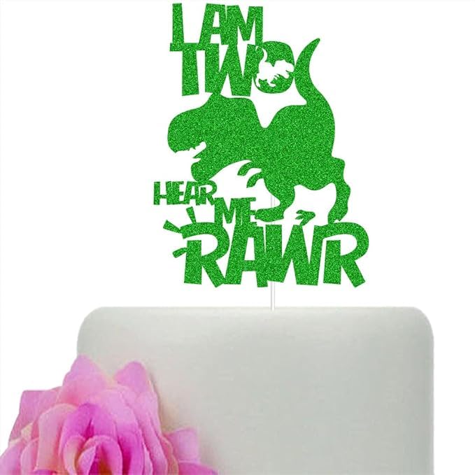 Image of I'm Two Hear Me Rawr Cake Topper | Green Glitter Cake Topper for Second Birthday | Animal Theme Happy Birthday Cake Decorations | Birthday Party Decorations | Kids Party