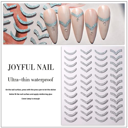 X-Z French Line Nail Art Stickers Decals 6 Sheets Sliver 3D Self-Adhesive Nail Decals Metal Curve Stripe Lines Nail Art Supplies Diy Nail Decorations Accessories Tattoos For Women Girls Kids, Silver #TOP4