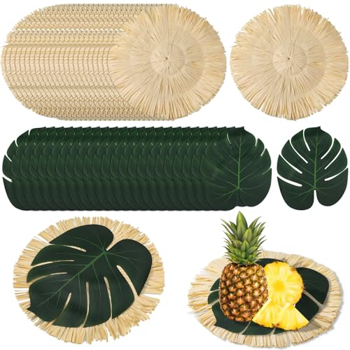 Sunnychicc 48pcs Luau Placemats and Palm Placemat, Round Luau Fringe Place Mats Tropical Palm Leaf Place Mats Bulk Summer Hawaiian Plate Chargers Table Placemats Tropical Party Supplies by Sunnychicc - Used condition - US$35.89