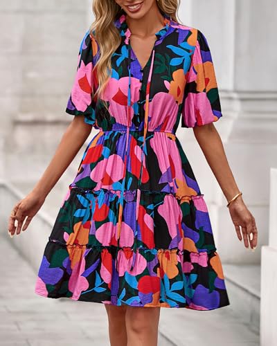 BTFBM Women Summer Floral Short Dresses V Neck Short Sleeve Tiered Ruffle Boho Swing Dress A-Line Mini Dresses(Floral Black,Large) — view 2
