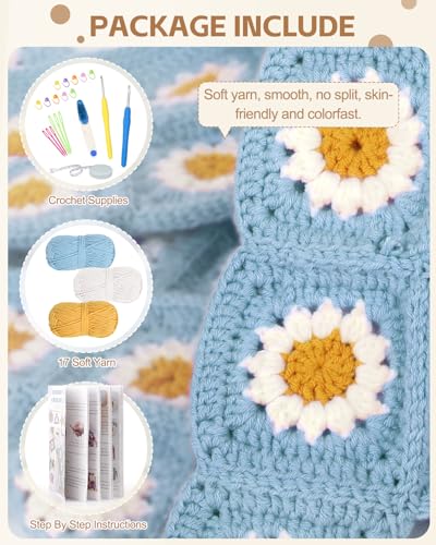 Image of Katech Crochet Kit for Beginners - Granny Square Blanket with Daisy Squares, Step-by-Step Tutorials - Blue