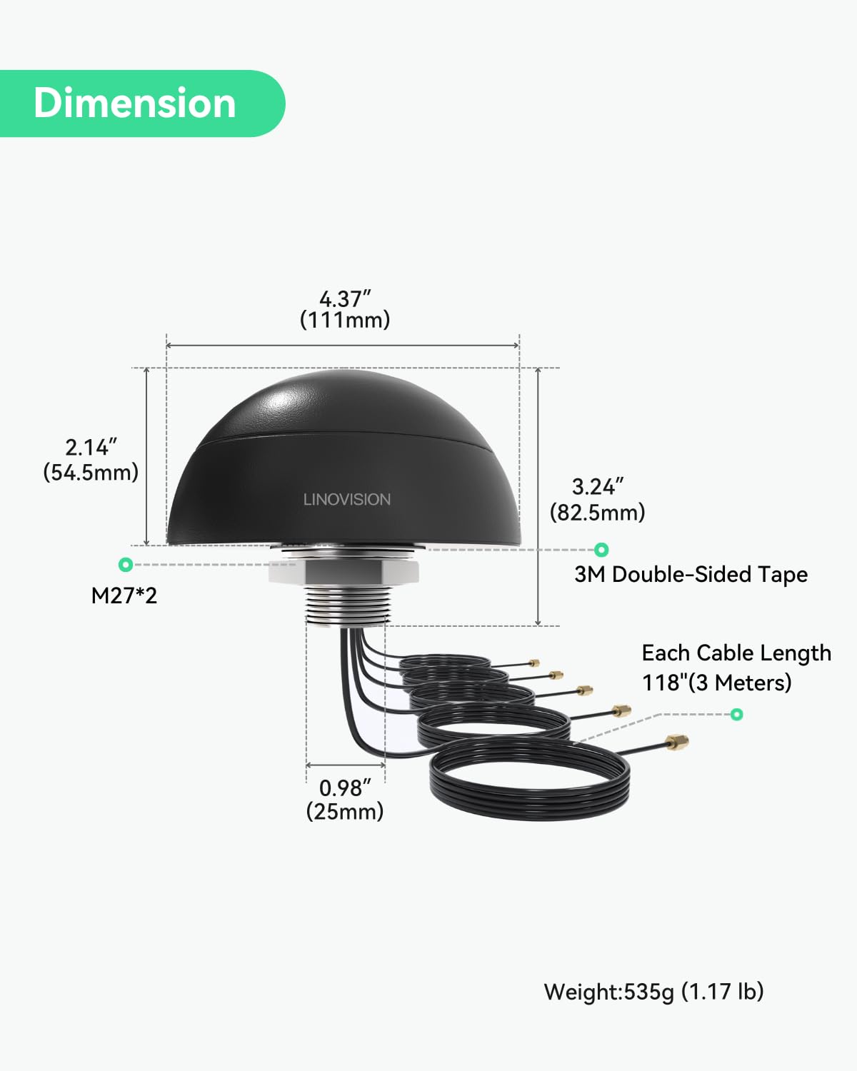 LINOVISION 4G LTE MIMO Combo 5-en-1 Antenne extérieure pour toit avec câble 10ft, SMA, GNSS, Wi-Fi, compatible IOT-R32, Teltonika RUT241/RUT240/RUT360/RUT95