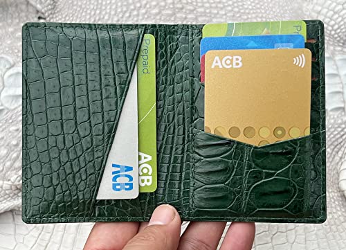 Green Alligator Leather Slim Minimalist Wallet Men Crocodile Double Side Bifold Vertical Credit Card Holder Premium RFID Blocking Handmade Vietnamese Green-CARD-144