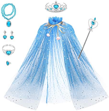 Fedio Princess Cape Set 7 Pieces Girls Princess Cloak with Tiara Crown, Wand for Little Girls Dress up (Blue)