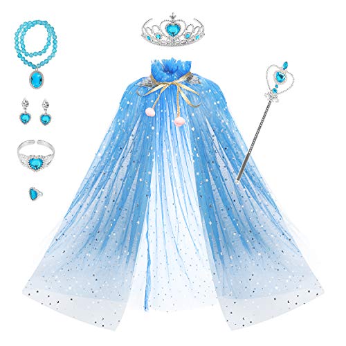 Fedio Princess Cape Set 7 Pieces Girls Princess Cloak with Tiara Crown Wand for Little Girls Dress up (Blue)