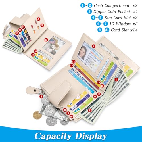 Small Wallet for Women RFID Blocking Bifold Leather Wallet Compact Card Holder with Zipper Coin Pocket & 4 ID Windows,Beige2