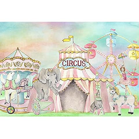 Renaiss 7x5ft Carnival Circus Backdrop Pink Tent Ferris Wheel Carousel Cute Animals Photography Background Girl Kids Birthday Party Decoration Baby Shower Banner Portrait Shoot Photo Studio Props Cover