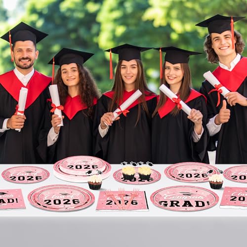 Image of QZYL 200Pcs Pink Graduation Supplies Set, Grad Plates, Napkins, Dessert Plates and Plastic Forks for 50 Guests, Disposable Graduation Party Supplies, Grad tableware for 2026 School Ceremony