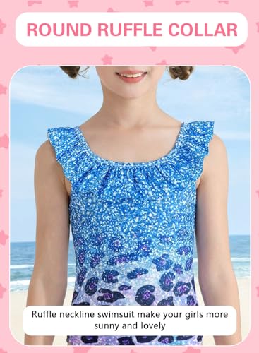 Image of XiaoMoSha Girls Swimsuits Ruffled Round Neck One Piece Bathing Suits Quick Dry UPF 50+ Summer Hawaii Swimwear for Kids 3-10T