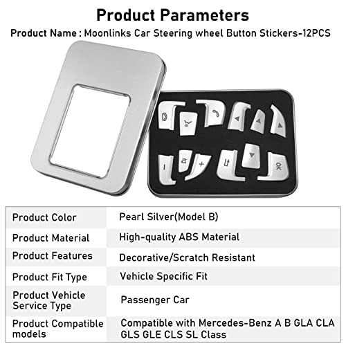 Image of Moonlinks Steering Wheel Button Covers Trim Stickers Compatible with Mercedes Benz A B GLA CLA GLS GLE CLS SL Class,Steering Wheel Button lnner Decoration Sticker 12PCS,Chromed-Silver(Model B)