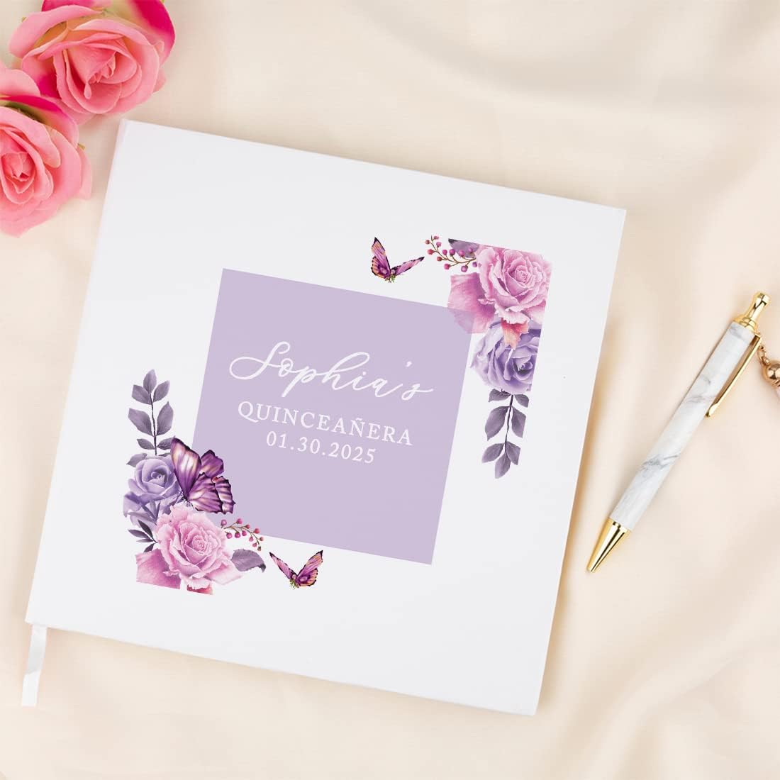 Andaz Press Personalized Quinceañera Guest Book with Gold Accents, Lilac Butterflies, 120 Pages 8.5"x8.5" Hard Cover Custom Photo Album for Mis Quince Años XV Sweet 15th Birthday Decorations, 1-Pack