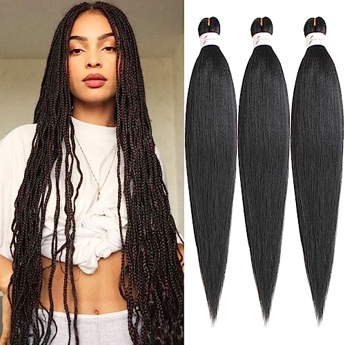 Leeven 3 Packs Pre Stretched Braiding Hair Extension Yaki Texture EZ Braids Hair for Coi Leray Braids Black Braiding Crochet Hair Extensions /30 Pouces 1B#