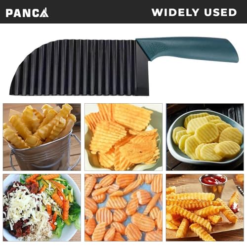 Image of PANCA Black Crinkle Knife for Vegetables & Fruits | Wavy Cutter for Potatoes, Salad, French Fries & Chips | Non-Stick Stainless Steel Blade with Ergonomic Handle (Green Handle)