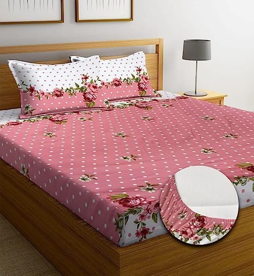 YFH Creative Premium Cotton Elastic Fitted Bedsheets with 2 King Size Pillow Covers | Double Bed with All Around Elastic 180 TC Supersoft |Size-72 King Sizex78+10 inches | Geometric, Pastel Brown