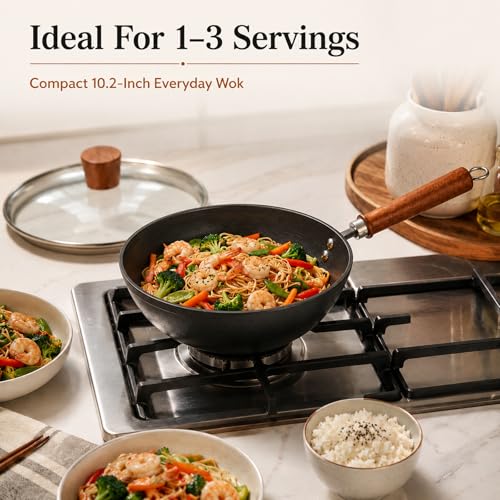 VIVIDCOOKWARE 10.2 Inch Cast Iron Wok with Tempered Glass Lid, Flat Bottom Small Chinese Wok Pan, Uncoated Stir Fry Pan with Wooden Handle, 2.7 Qt for 1-3 Servings, Induction Gas Electric — view 2