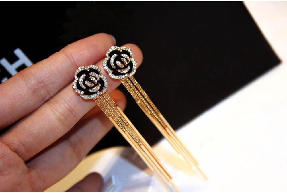 Rhinestone Pendant Black Rose Floral Tassel Earrings - Image 3
