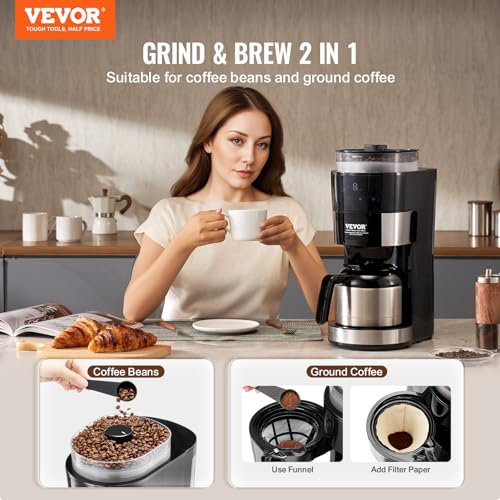 Image of VEVOR Coffee Maker with Grinder, 8 Cup Programmable Coffee Machine, Grind and Brew Coffee Maker with 3 Brew Strength Control, Reusable Filter, Removable Water Tank, for Home Office Restaurant