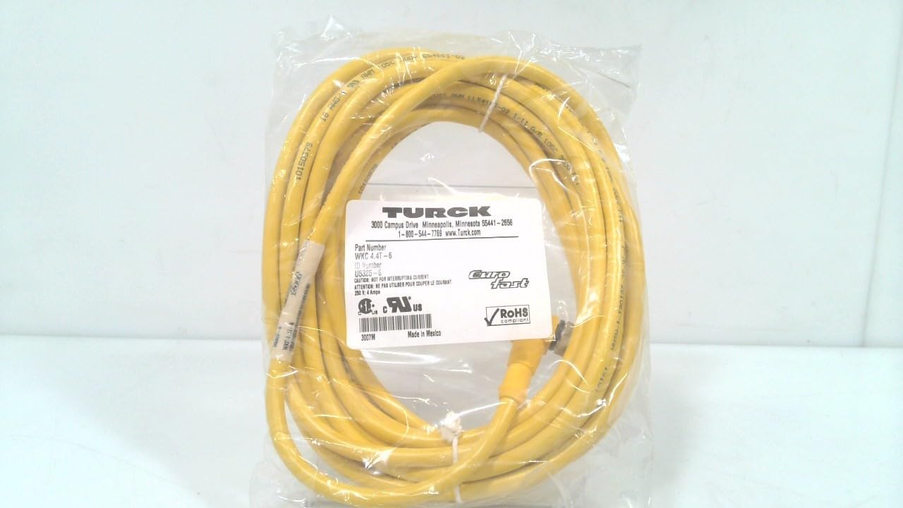 TURCK WKC 4.4T-6 4 WIRE, 6 METER LENGTH, M12 EUROFAST, MEDIUM PLUG BODY, NICKEL PLATED BRASS COUPLING, NO LEDS, PVC JACKET, RIGHT ANGLE FEMALE CONNECTOR, SINGLE ENDED, T BARB FITTING, U5325-6 - CORDSE