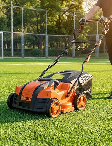 Image of Aspiron 16 inch Artificial Grass Sweeper, 1800w Artificial Turf Vacuum 15 Amp Lawn Sweeper Yard Power Brush with 45L Removable Leaf Collection Bag, Quick-Fold, Keeps Clear Sweepy Box, Orange