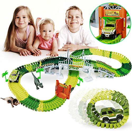 ShinePick Dinosaur 142 PCS Race Car Train Track Toys Create A Road Dinosaur Tracks Set Flexible Tracks Playset, Perfect Christmas & Birthday Gift for Kids - Thumbnail 2