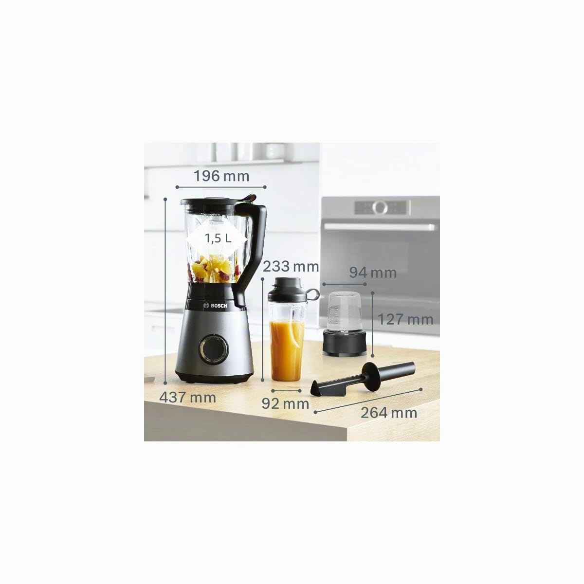 Bosch Serie 4 Frullatore VitaPower MMB6177S, 1200 W, 30.000 giri/min, Lame in Acciaio Inox, Frullatore da 1.5 L, Borraccia da 0.6 L, Tritatutto e Pestello Inclusi, Lavabili in Lavastoviglie, Argento