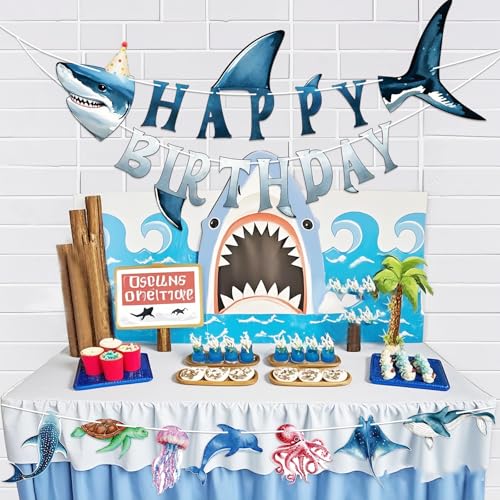 Image of Hooqict Ocean Birthday Party Decorations Shark Happy Birthday Banner Garland Sea Ocean Party Banner for Kids Boys Under The Sea Animal Themed Party Decorations