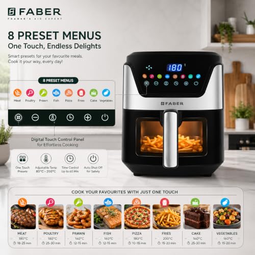 Image of Faber 6L 1500W Digital Air Fryer | Fry, Bake, Roast, Toast, Defrost, Grill & Reheat | 85% Less Oil, 360 Air Cooking|8-Preset Menu,LED Display&Touch Control, Non-Stick Pan,View Window|FAF 6.0L NEO BK