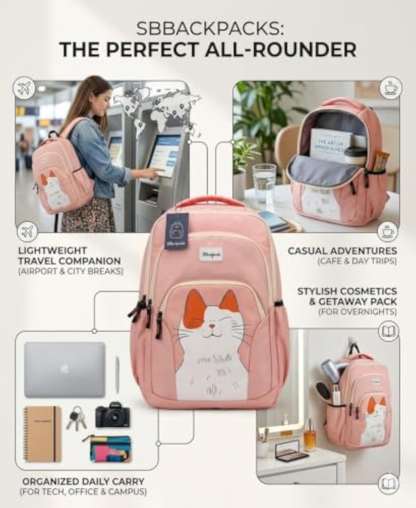 Cat Print Backpack for Women, Cute Pink Design