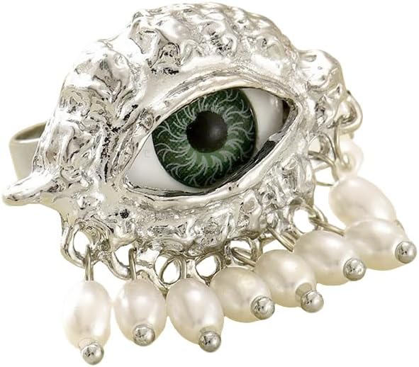 MYANAIL Devil's Eye Ring for Woman 18K Gold-Plated or Silver Pearl Tassel Ring 3D Evil Eye Charm Finger Rings Large Chunky Adjustable Open Rings Charming Personalized Jewelry Accessory Gifts